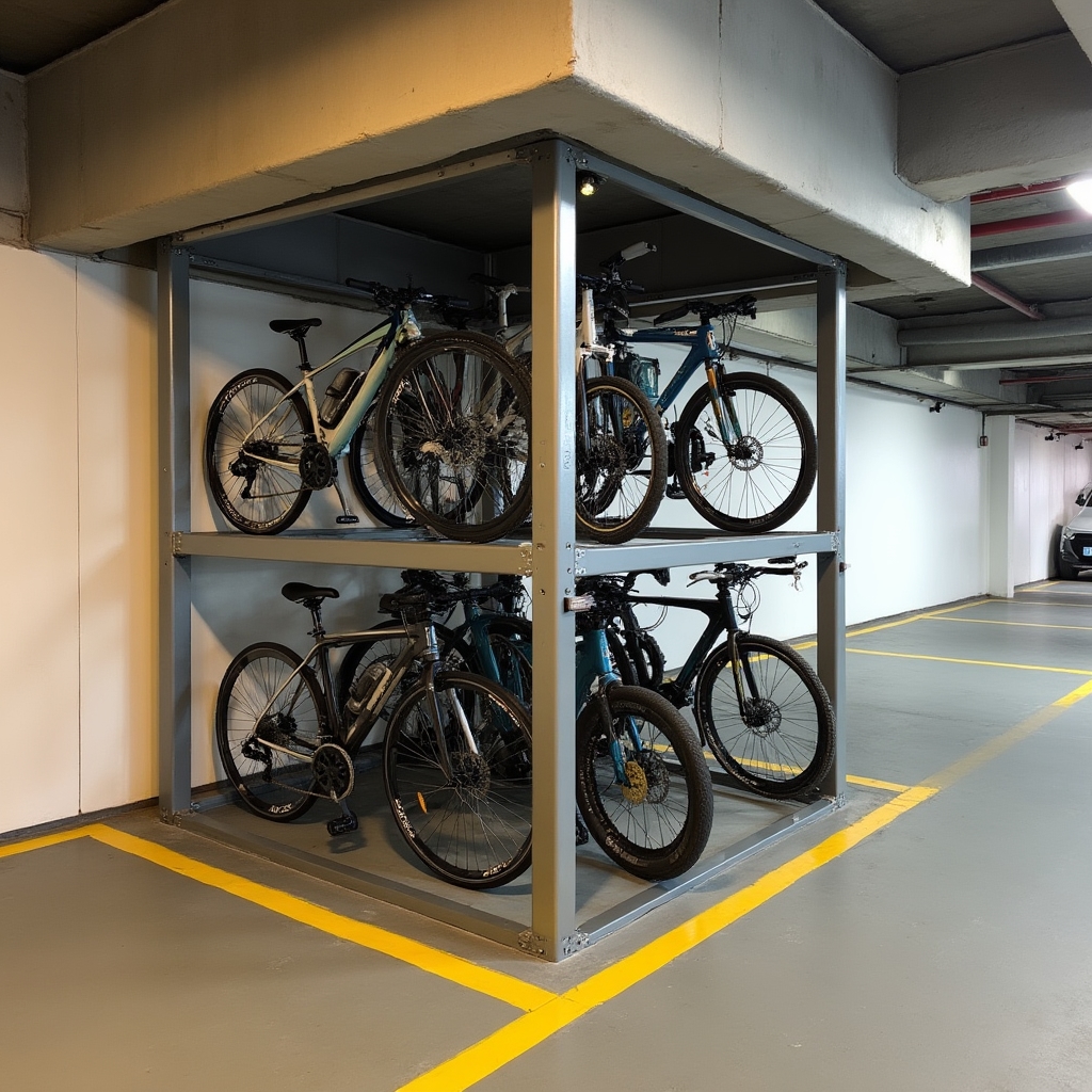 Automated vertical bicycle storage system installed in a compact underground parking area