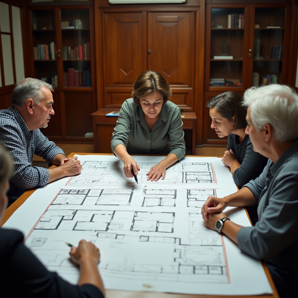 Building committee members reviewing parking redesign plans around a conference table in Santiago