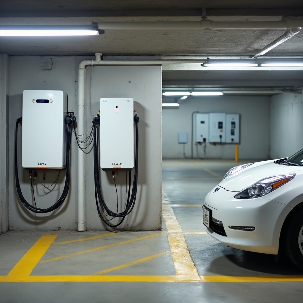 EV charging station installed in a residential building basement parking area