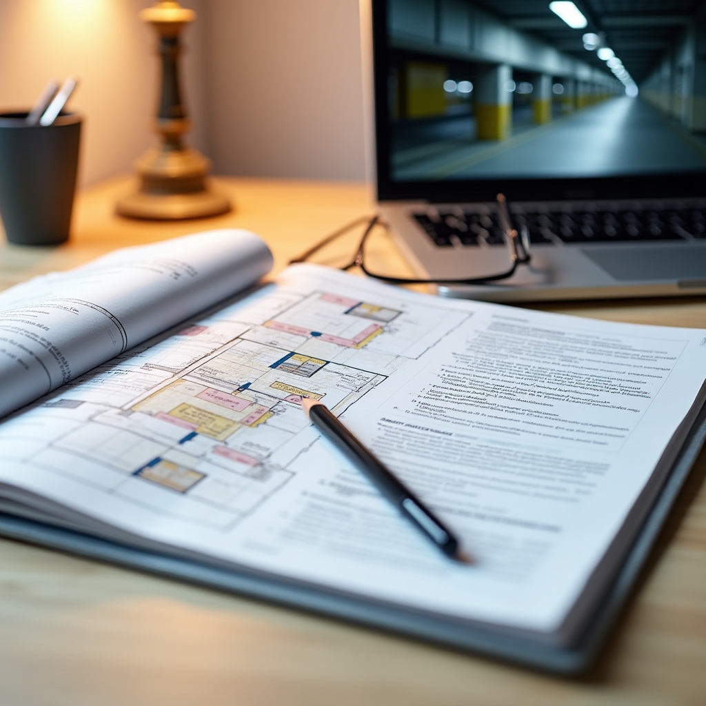 Professional parking optimization report document open on a desk with architectural drawings and measurement data