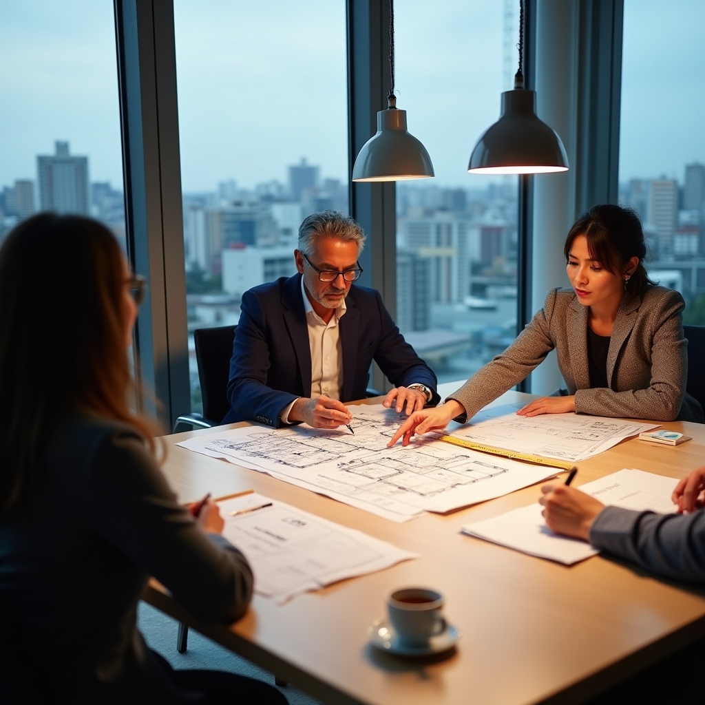 Pelxode consultants reviewing parking plans with a building committee in a Santiago office