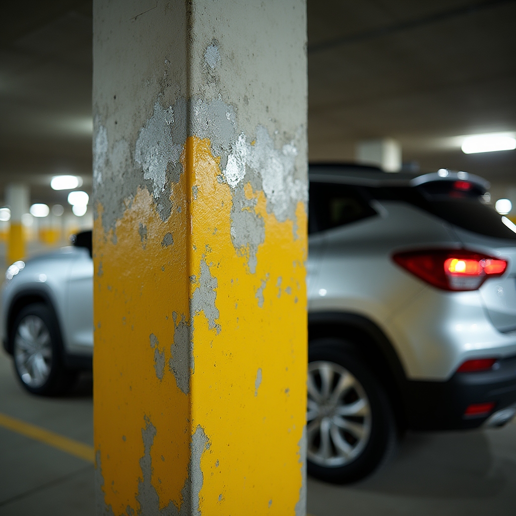 Scratched pillar in a residential underground garage from oversized modern vehicles