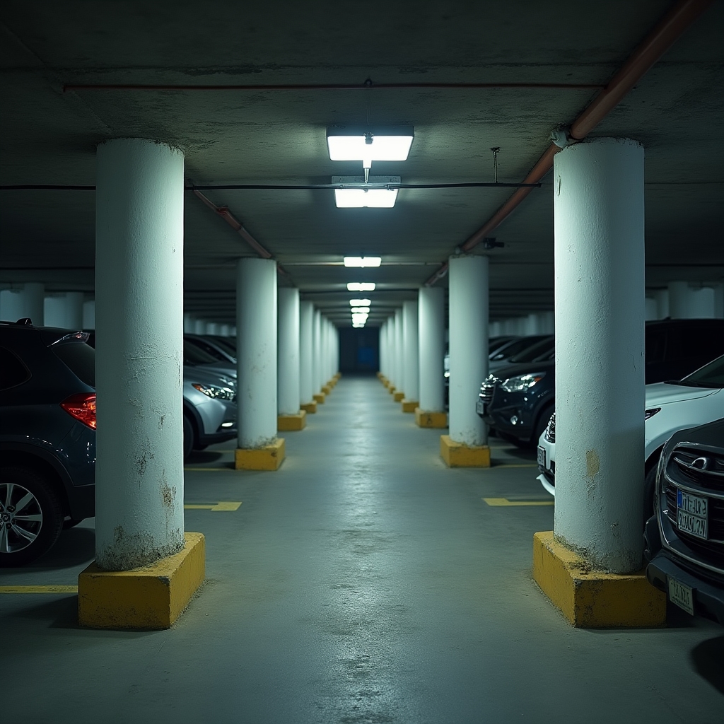 Underground parking garage in a Santiago residential building showing tight column clearances
